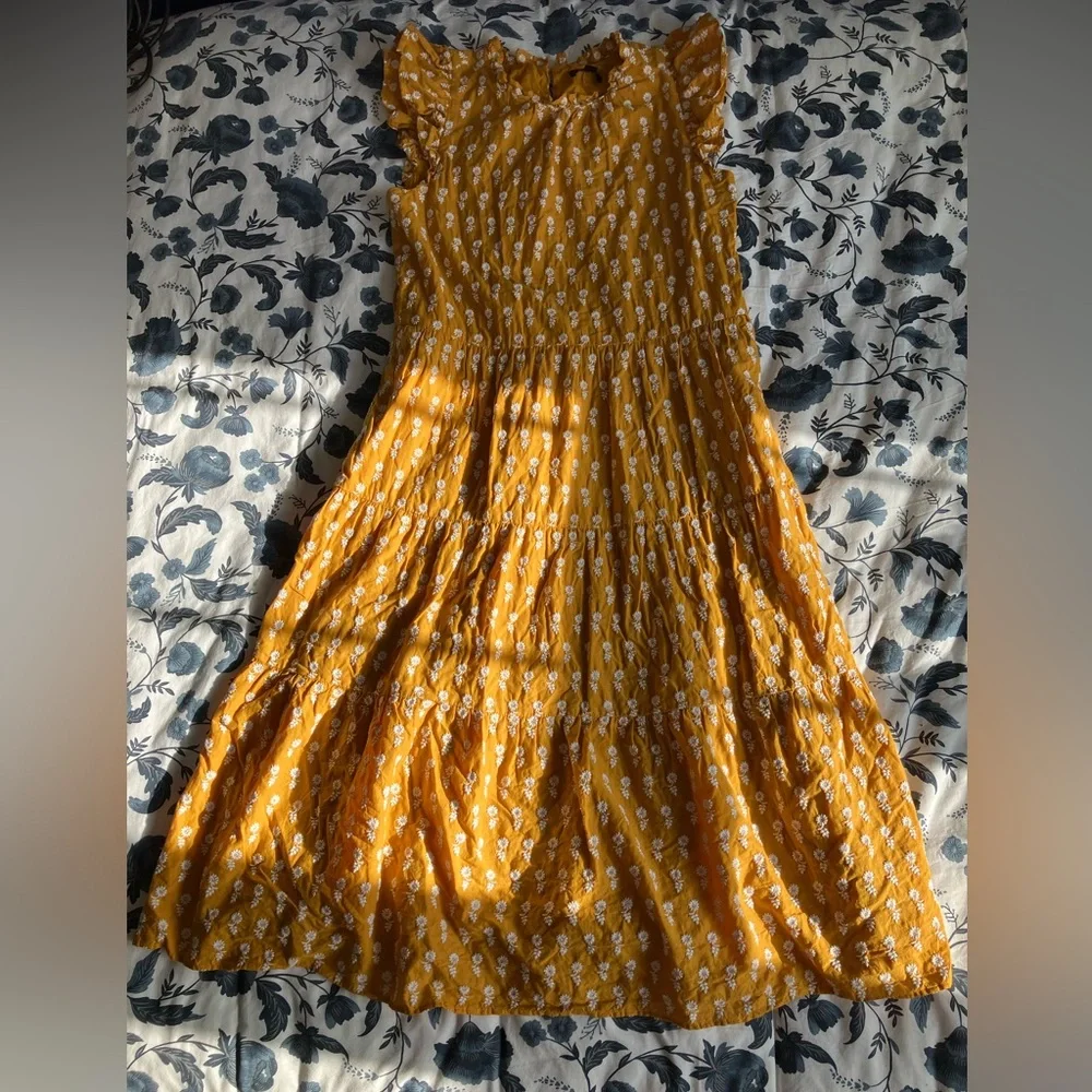 J. Crew Lined Tiered Cotton Sunflower Embroidered Lemon Ochre Dress - Picture 3 of 9